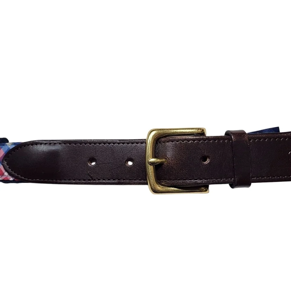 Vineyard Vines Belt Mens 32 Multicolor Plaid Canvas Leather Trim USA‎ Preppy